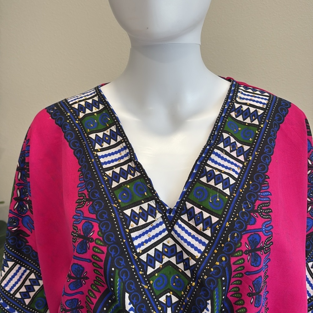 California Woman Aztec Border Patterned Caftan Beach Cover Up Drawstring Waist - Picture 3 of 13